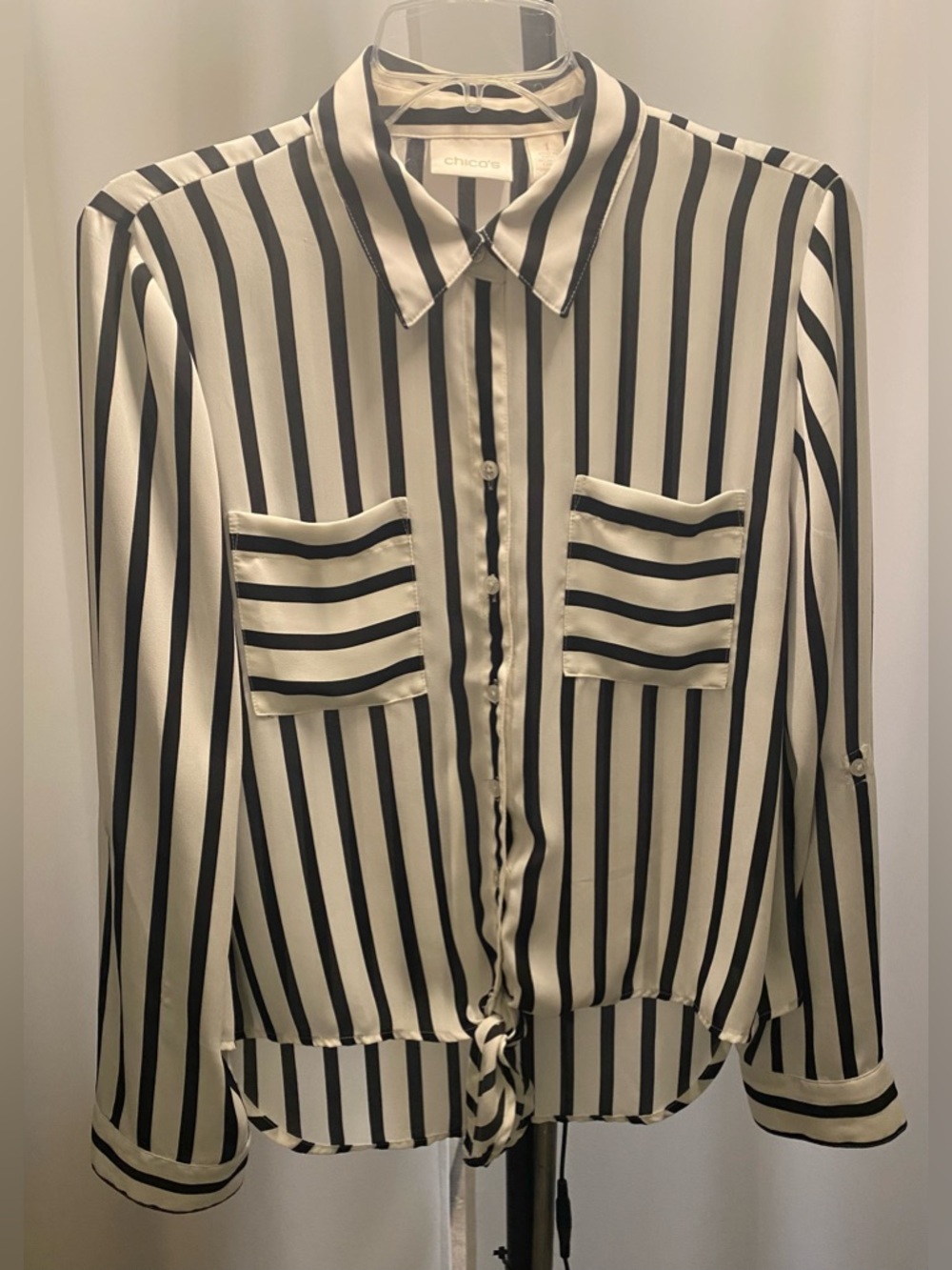 Chico's Black and White Vertical Stripe Shirt with Pocket Details